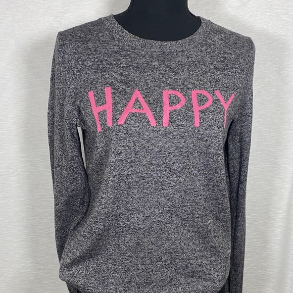 GAP Sweaters - GAP Knit Sweater Women’s Small Charcoal Gray “Happy” Text Soft Merino Wool Blend